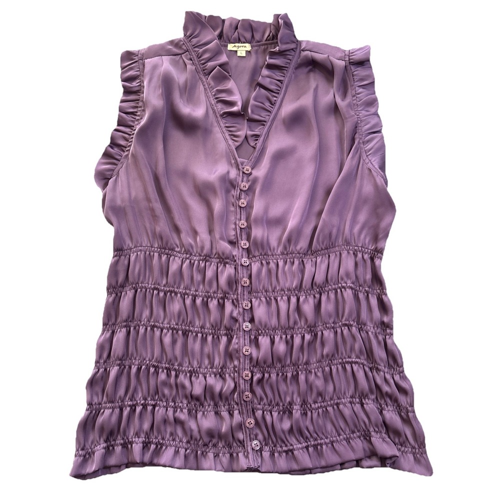 Agora Sleeveless Purple Blouse Ruching Ruffles Buttons Size Large
